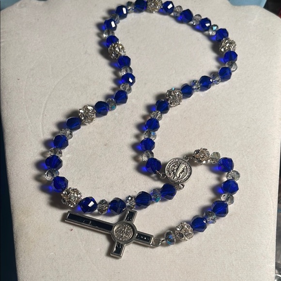 Blue and Silver Rosary Necklace with Cross Pendant - Picture 5 of 5